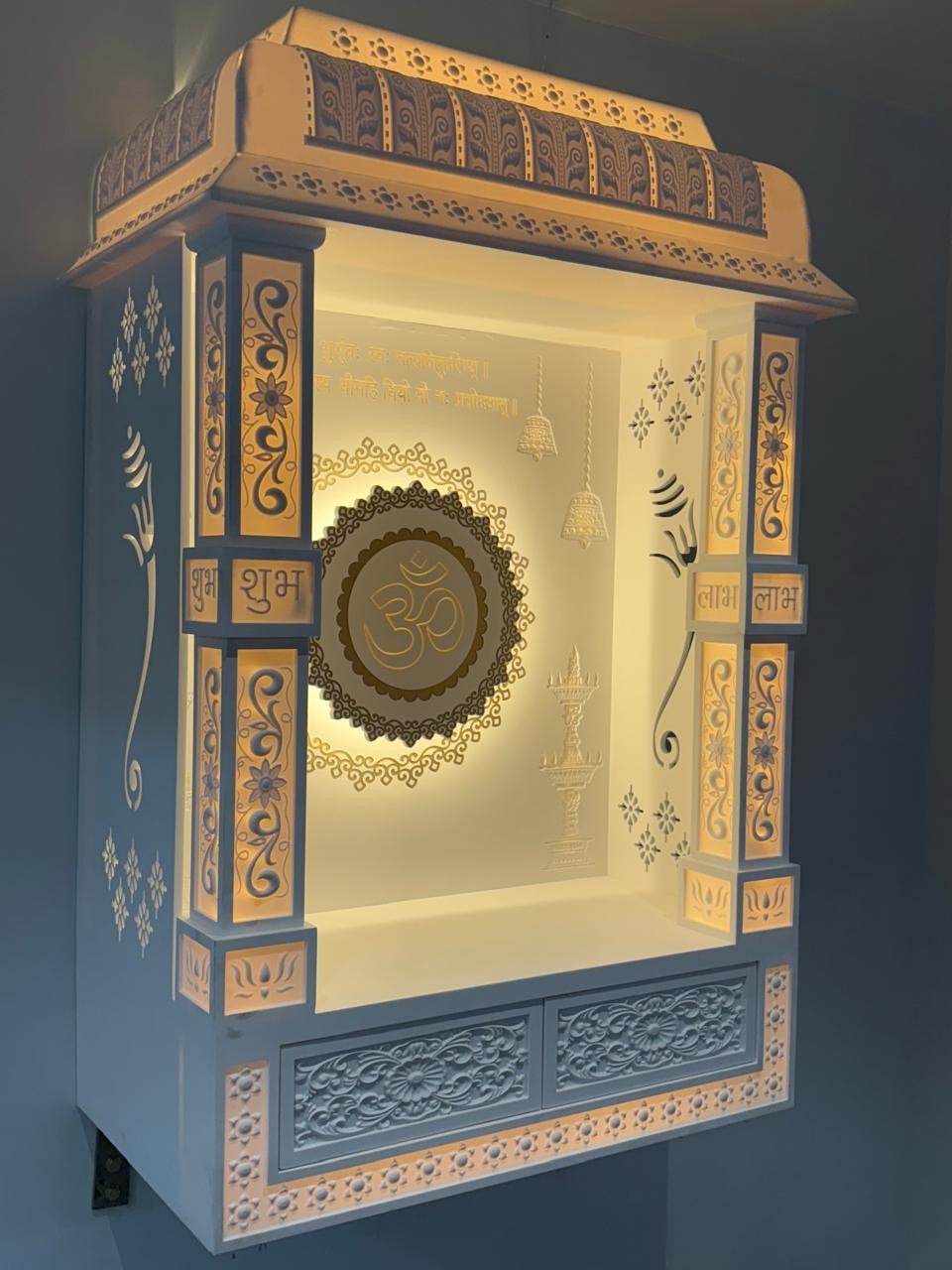 White Corian Mandir with 3D OM Design