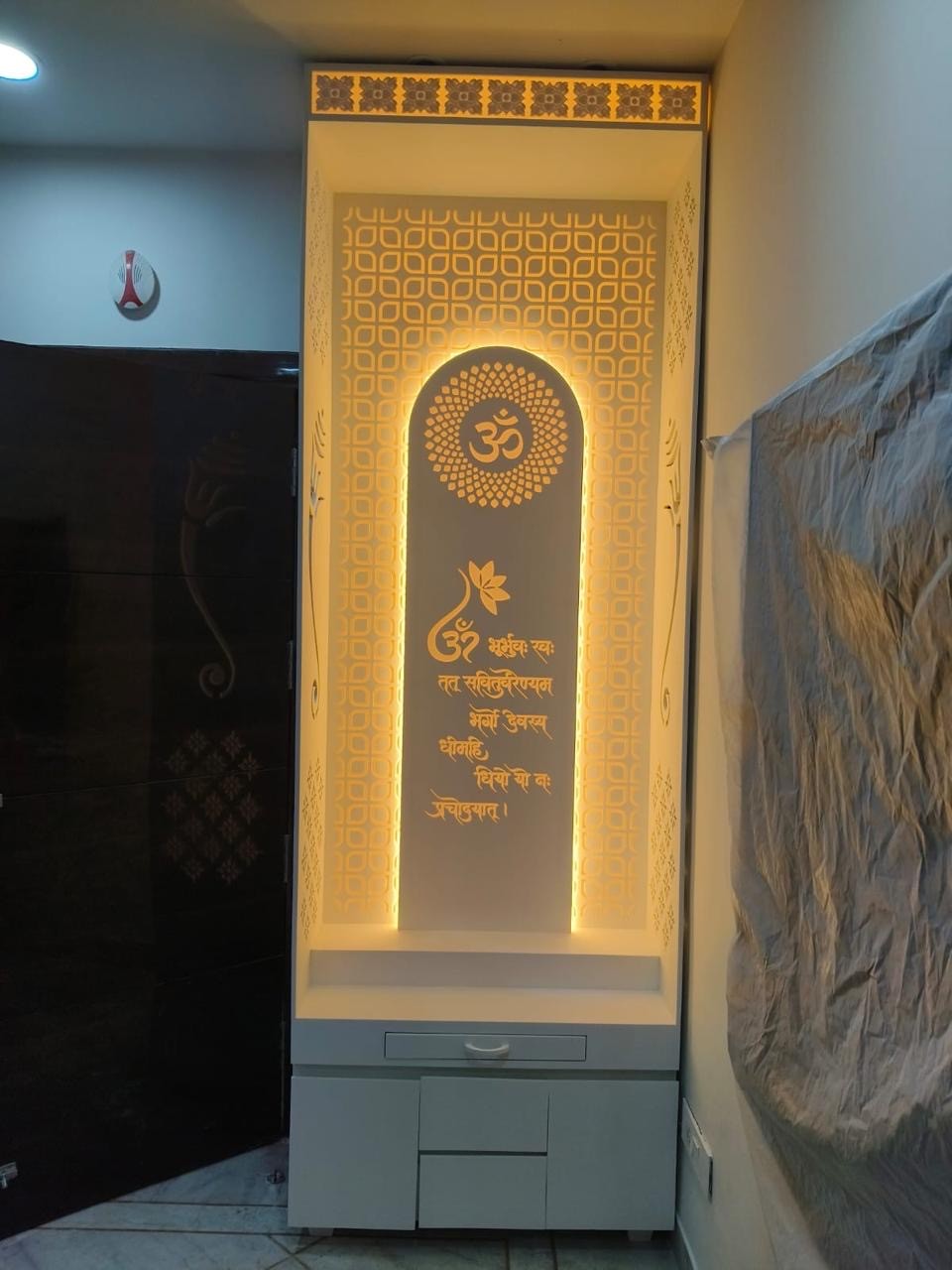 White Corian Mandir with Gayatri Mantra & Backlit Arch Design
